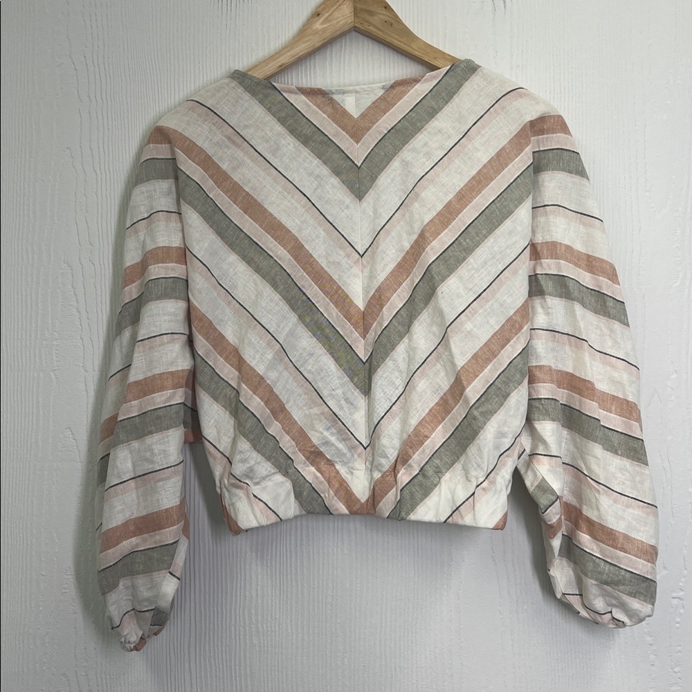 Zara - Striped Colorful Linen Blend Long Sleeve Crop Tie Blouse Size Medium - Picture 8 of 8
